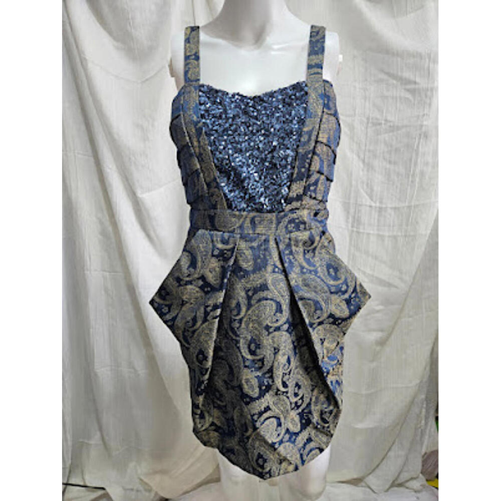 Very J Small Blue and Beige Patterned Mini Dress with Sequined Bodice  [COPY]